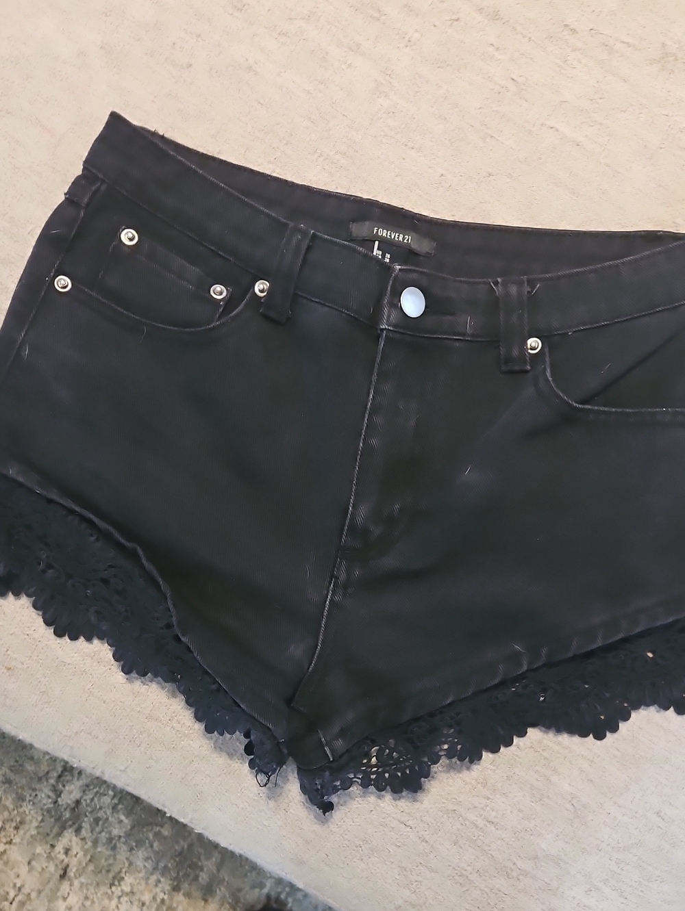 Forever 21 Black Denim Lace-Trim Shorts